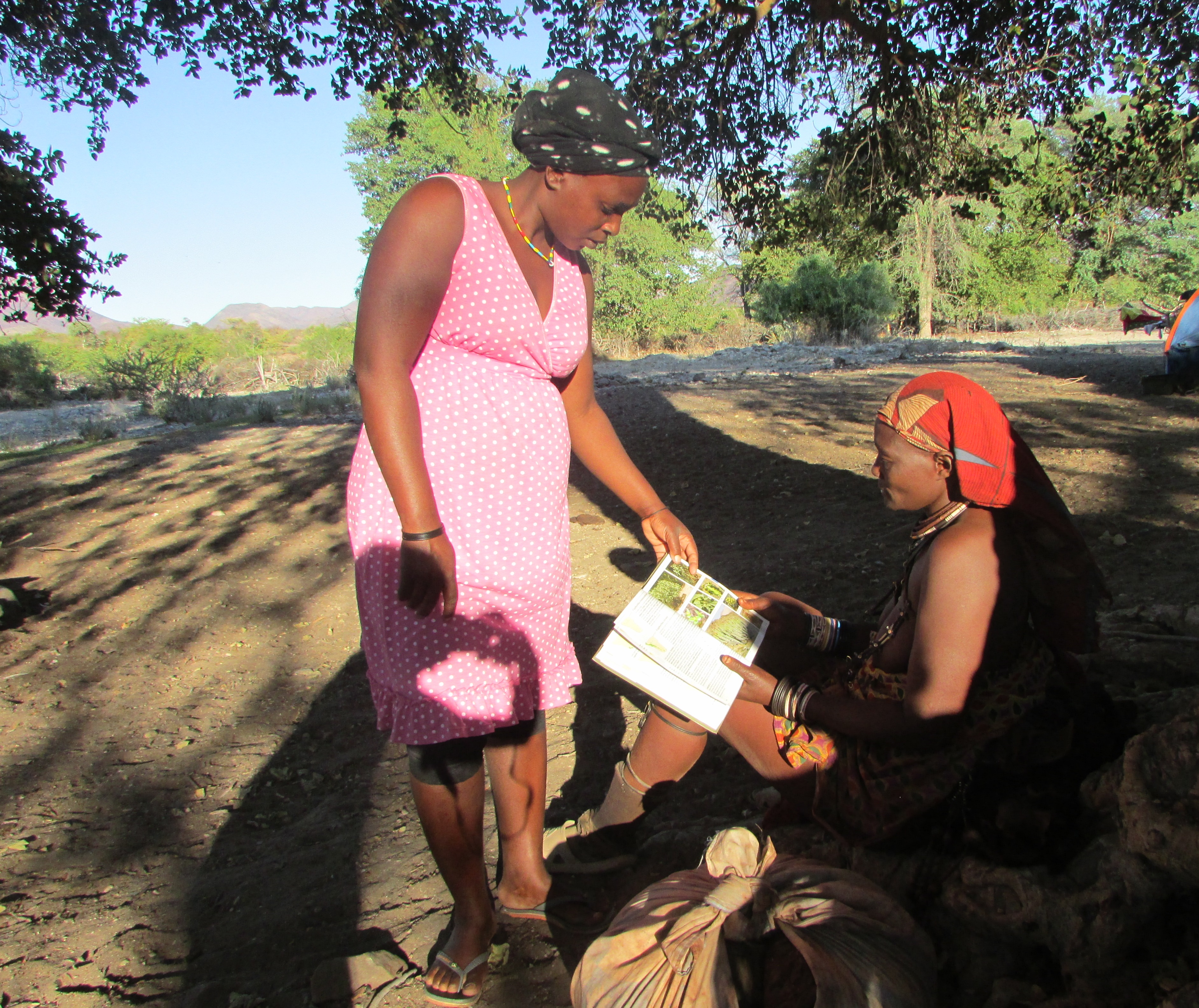 Para-ecologist Filipa Tchambilo from Iona showing the Tree and Shrub book to a Ovahimba relative in Cambeno (Source: V. De Cauwer)